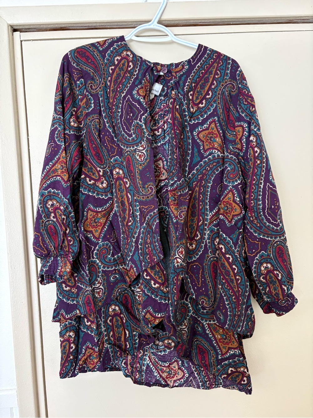 Kenneth Mitchell Paisley Print open front flyaway  Blouse in Purple & Teal